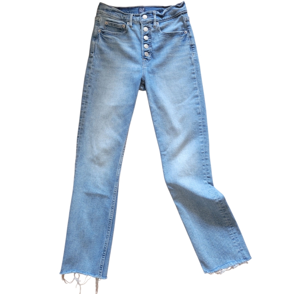GAP Cigarette Blue Jeans High Rise Button Fly Raw Hem Sz. 2 / 26